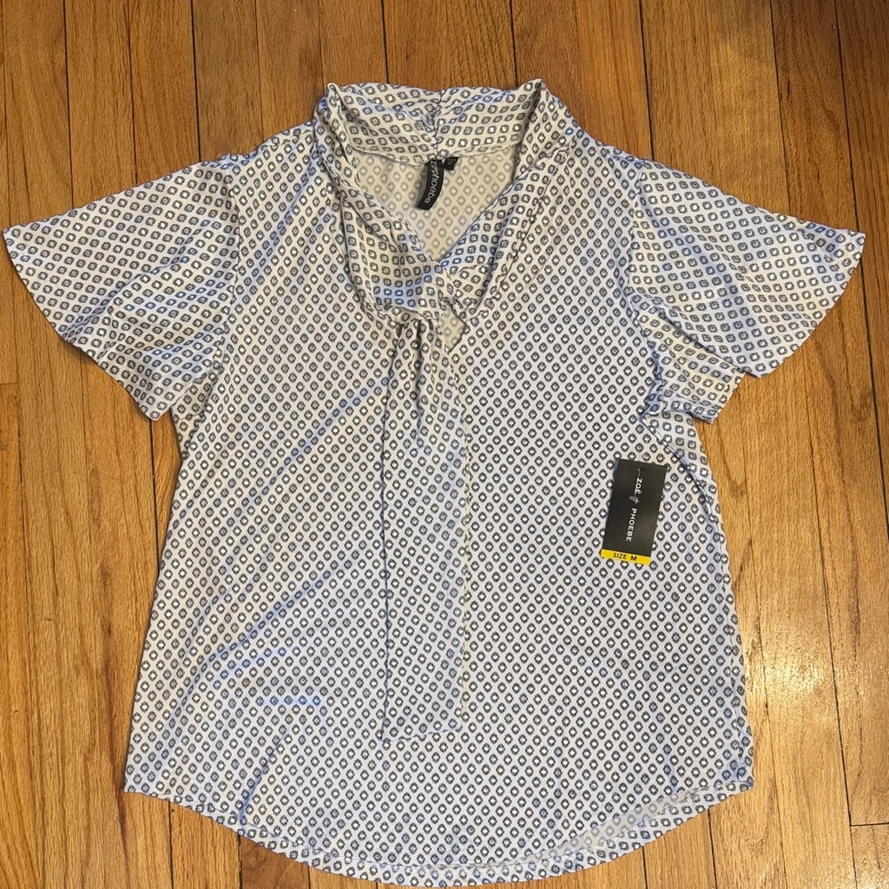 Women's Blouse Black and White Patterned Short Sleeve Blouse with Tie Front M